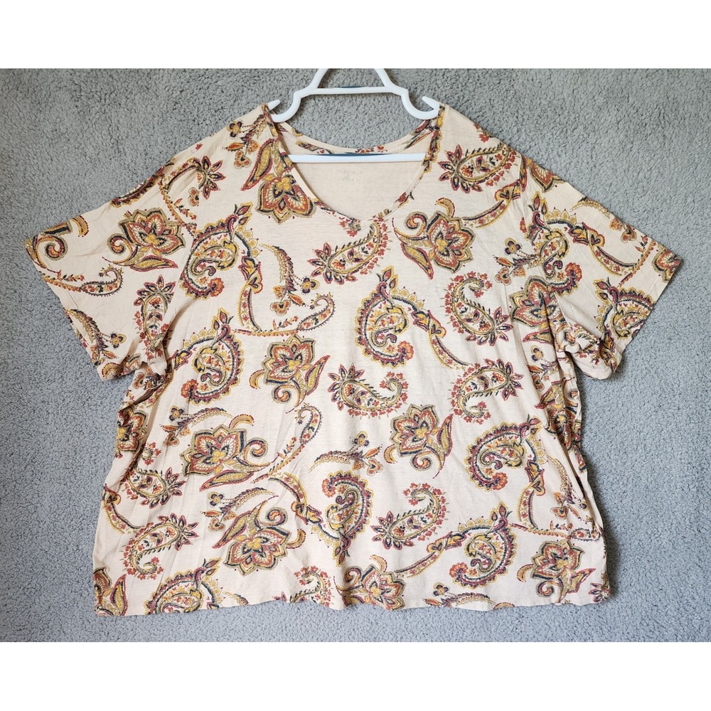 Catherines Paisley Print V-Neck T-Shirt Womens 4X Tan Short Sleeve Cotton Blend